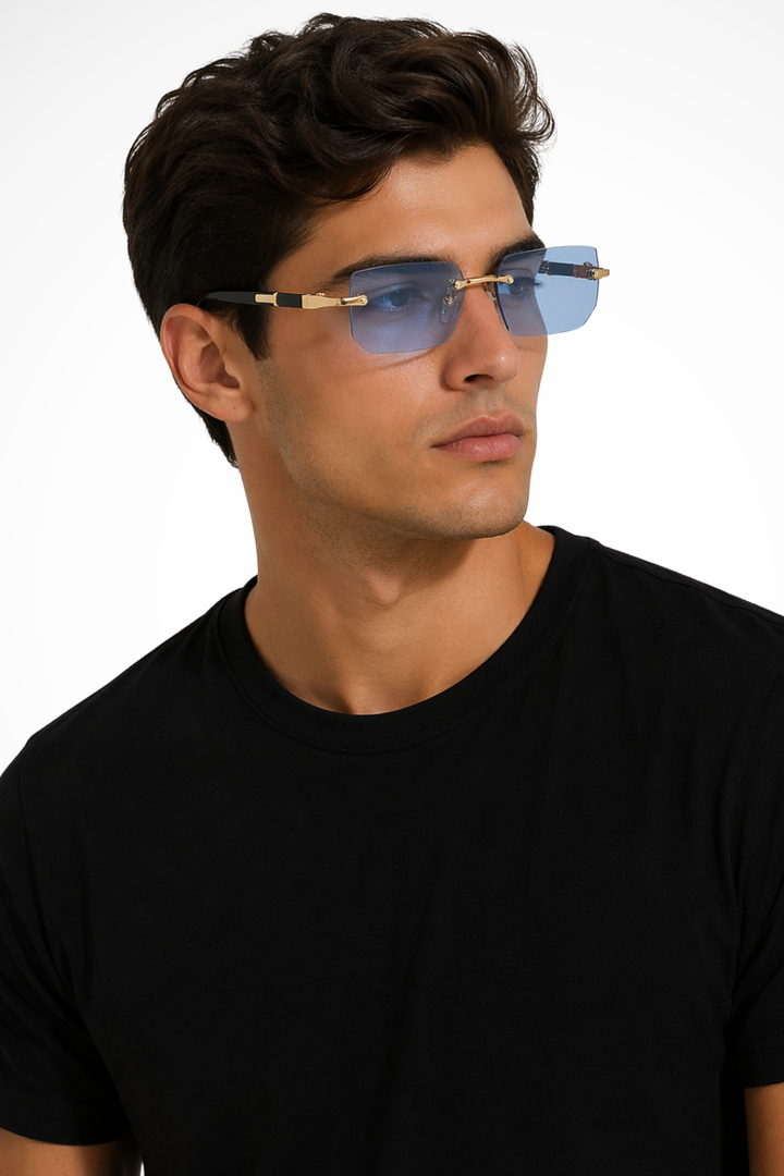 Men's Rimless Rectangle Sunglasses with Gold Detail