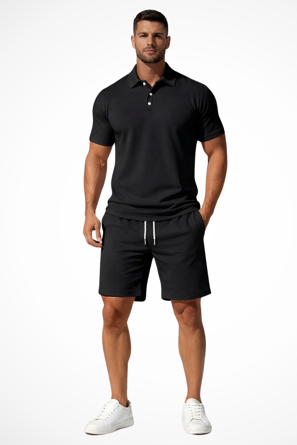Men's short set featuring a textured polo and coordinating shorts, perfect for casual summer outings and comfortable wear. 0