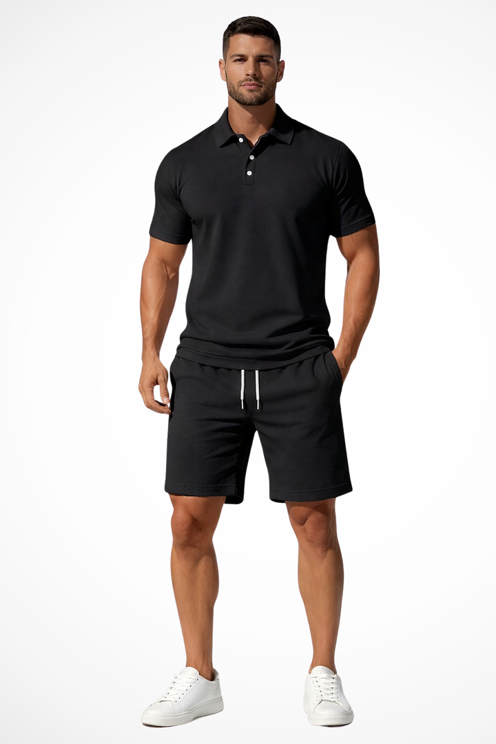 Men's short set featuring a textured polo and coordinating shorts, perfect for casual summer outings and comfortable wear. 0