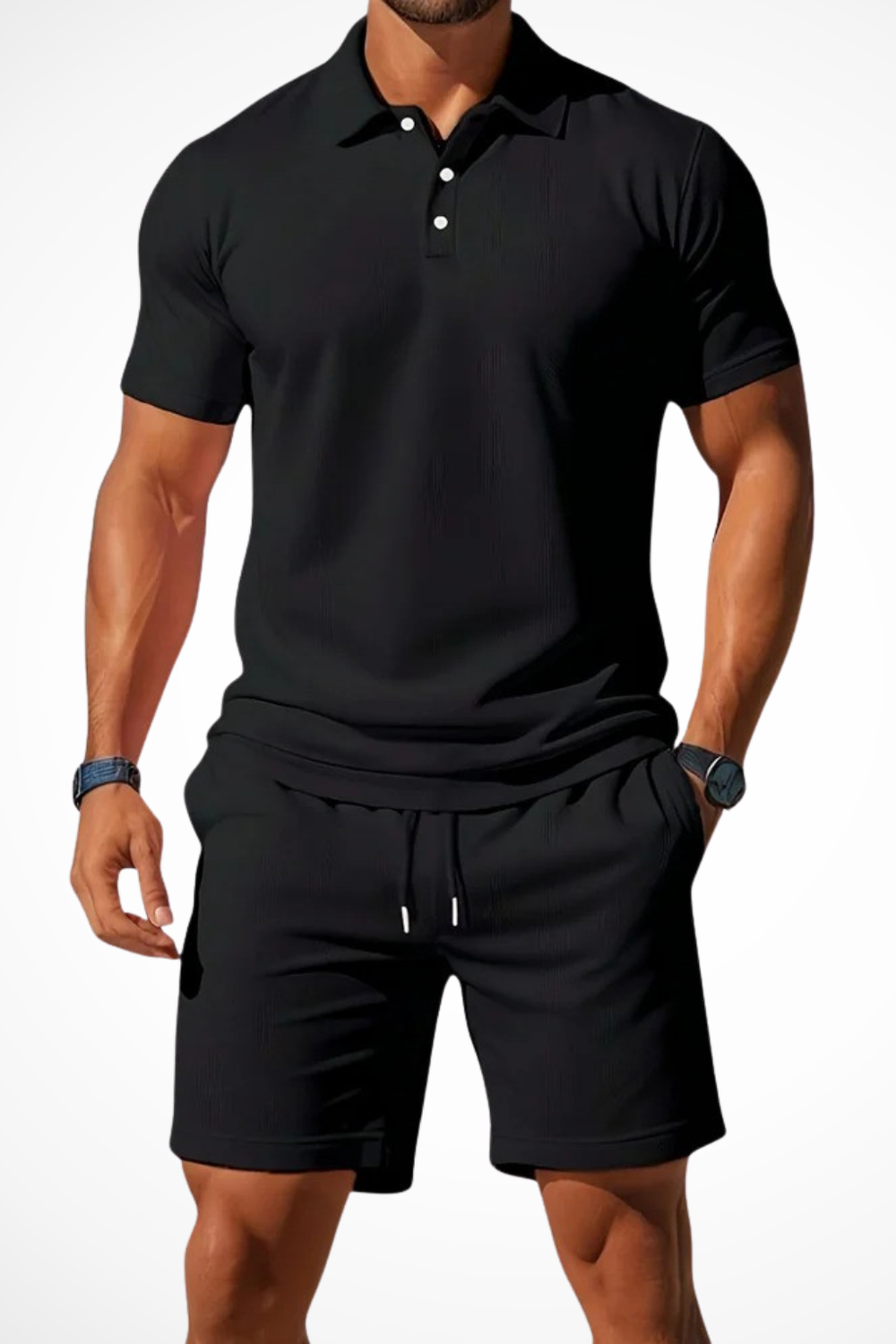Men's short set featuring a textured polo and coordinating shorts, perfect for casual summer outings and comfortable wear. 1