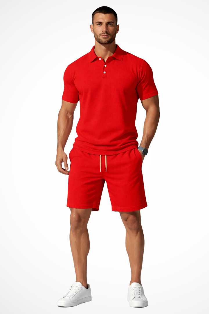 Men's short set featuring a textured polo and coordinating shorts, perfect for casual summer outings and comfortable wear. 10