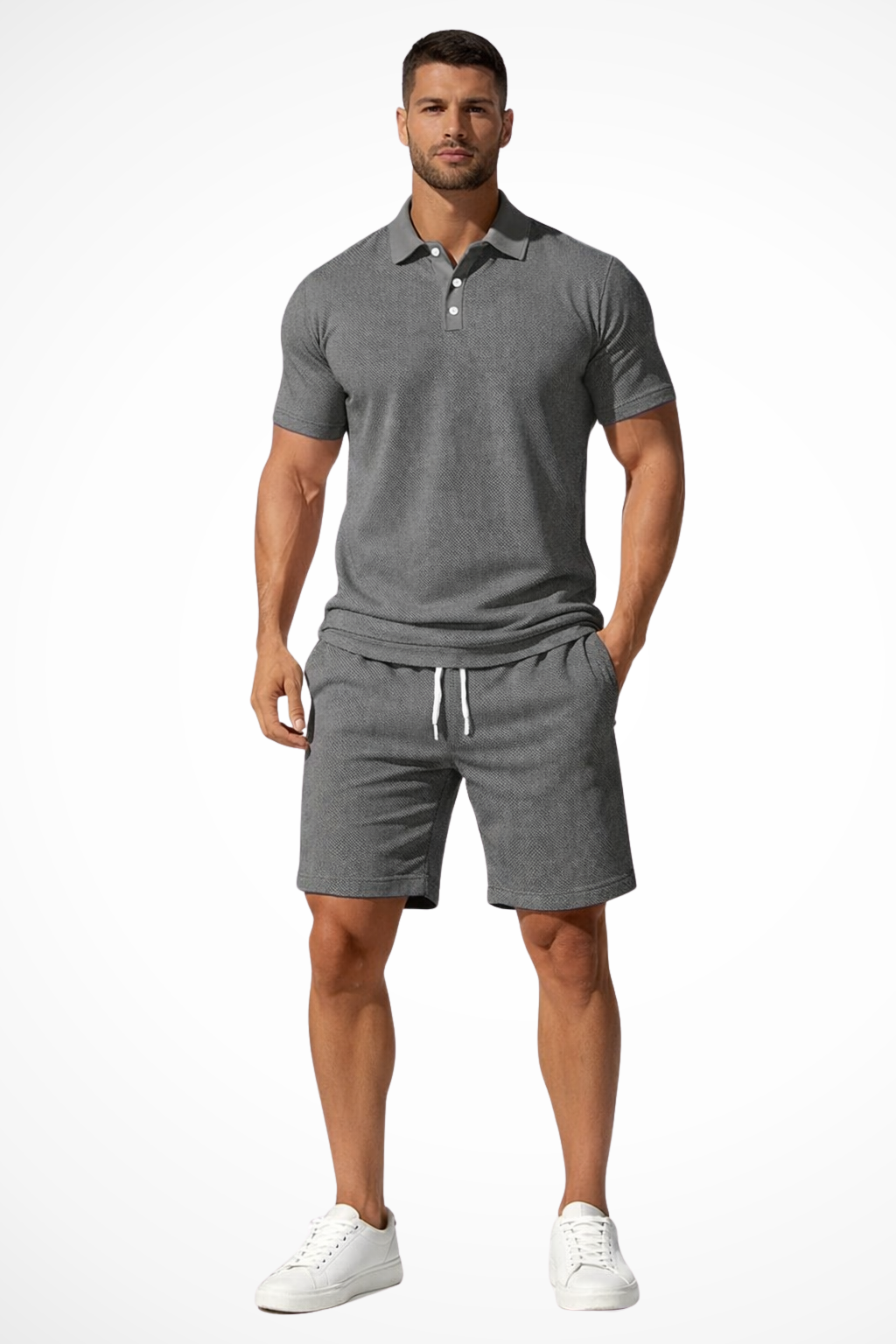 Men's short set featuring a textured polo and coordinating shorts, perfect for casual summer outings and comfortable wear. 11