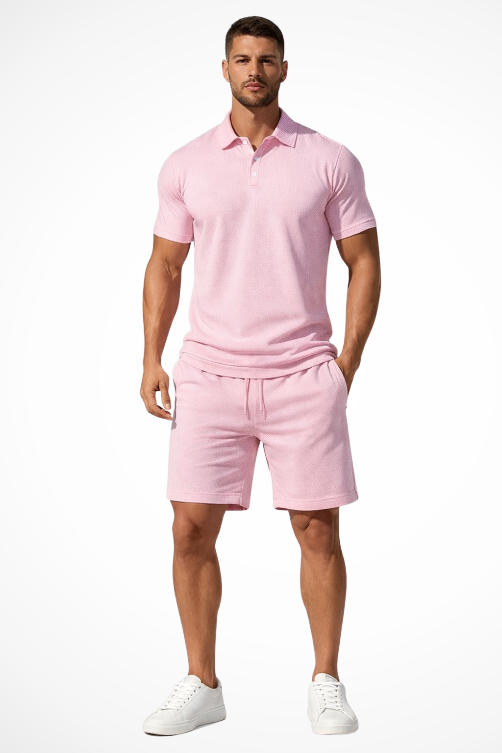 Men's short set featuring a textured polo and coordinating shorts, perfect for casual summer outings and comfortable wear. 12
