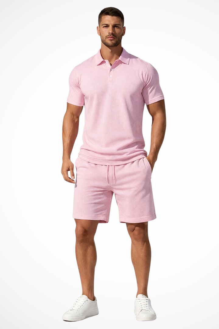 Men's short set featuring a textured polo and coordinating shorts, perfect for casual summer outings and comfortable wear. 12