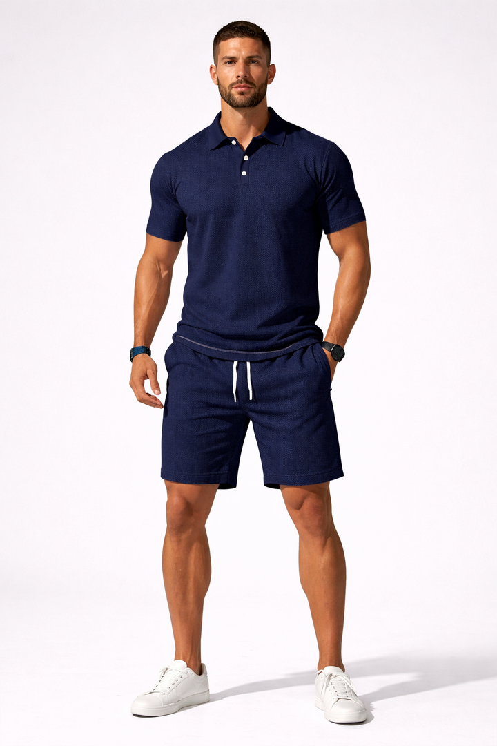 Men's short set featuring a textured polo and coordinating shorts, perfect for casual summer outings and comfortable wear. 13