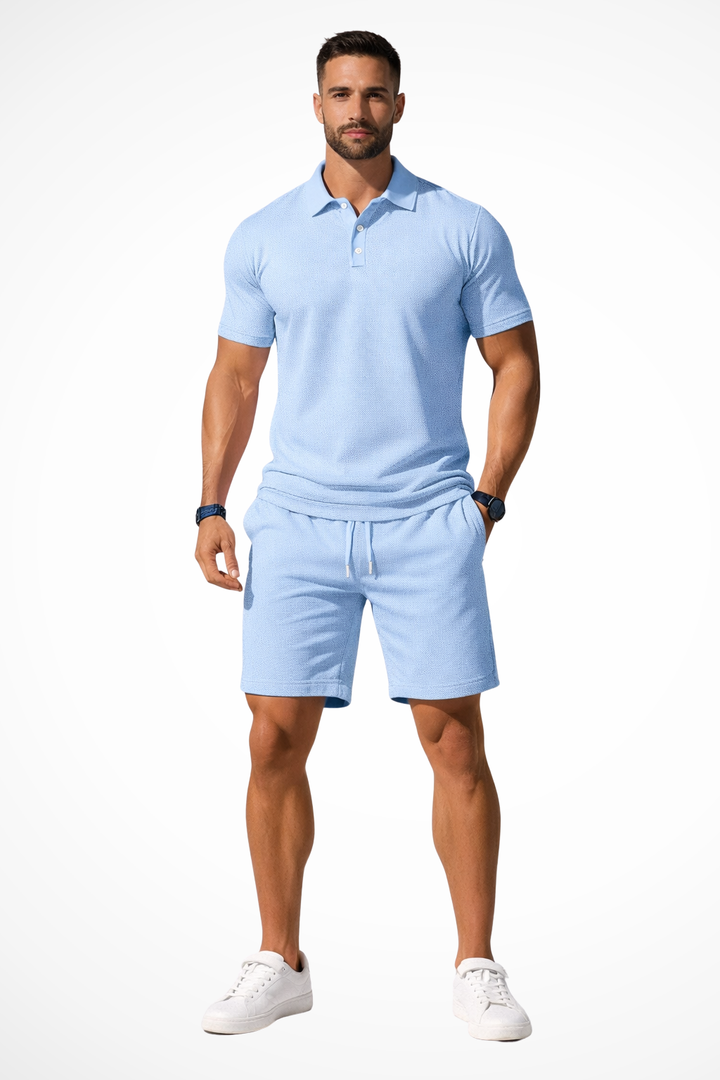 Men's short set featuring a textured polo and coordinating shorts, perfect for casual summer outings and comfortable wear. 2