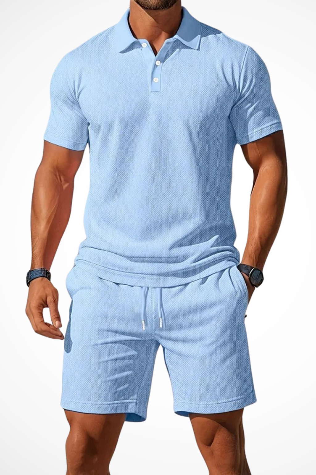 Men's short set featuring a textured polo and coordinating shorts, perfect for casual summer outings and comfortable wear. 3