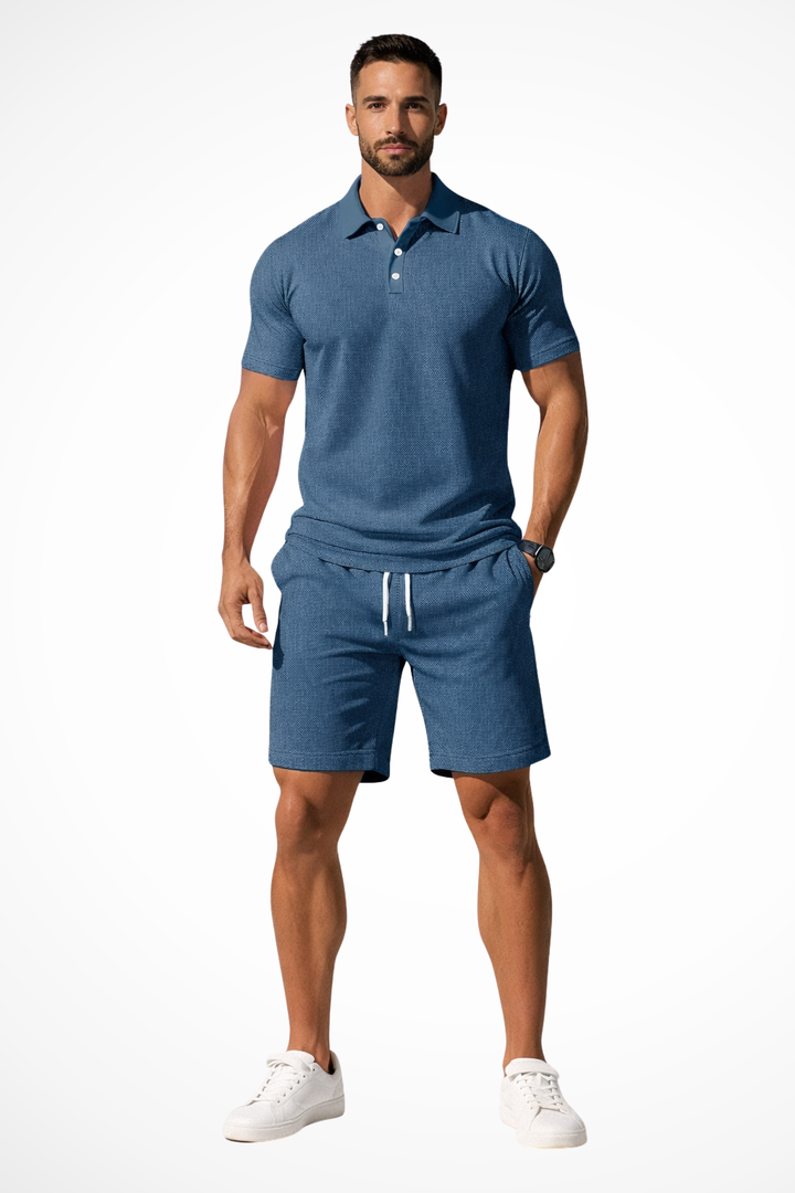 Men's short set featuring a textured polo and coordinating shorts, perfect for casual summer outings and comfortable wear. 4