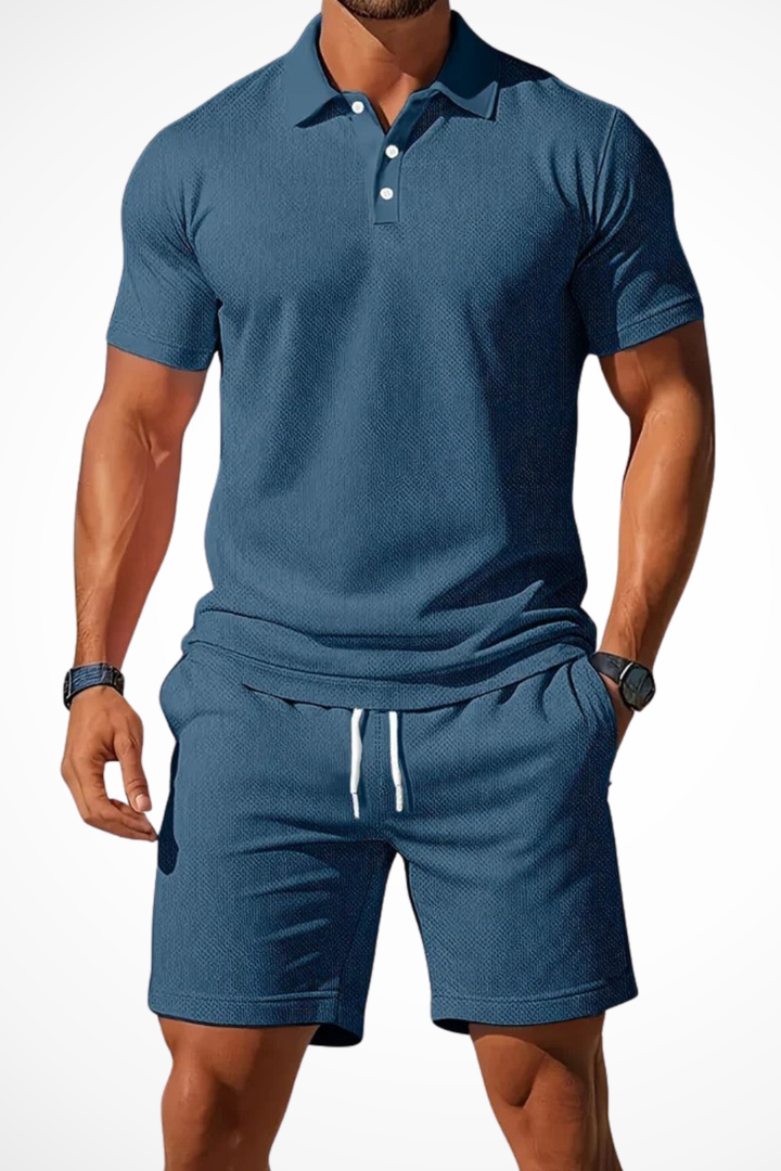 Men's short set featuring a textured polo and coordinating shorts, perfect for casual summer outings and comfortable wear. 5