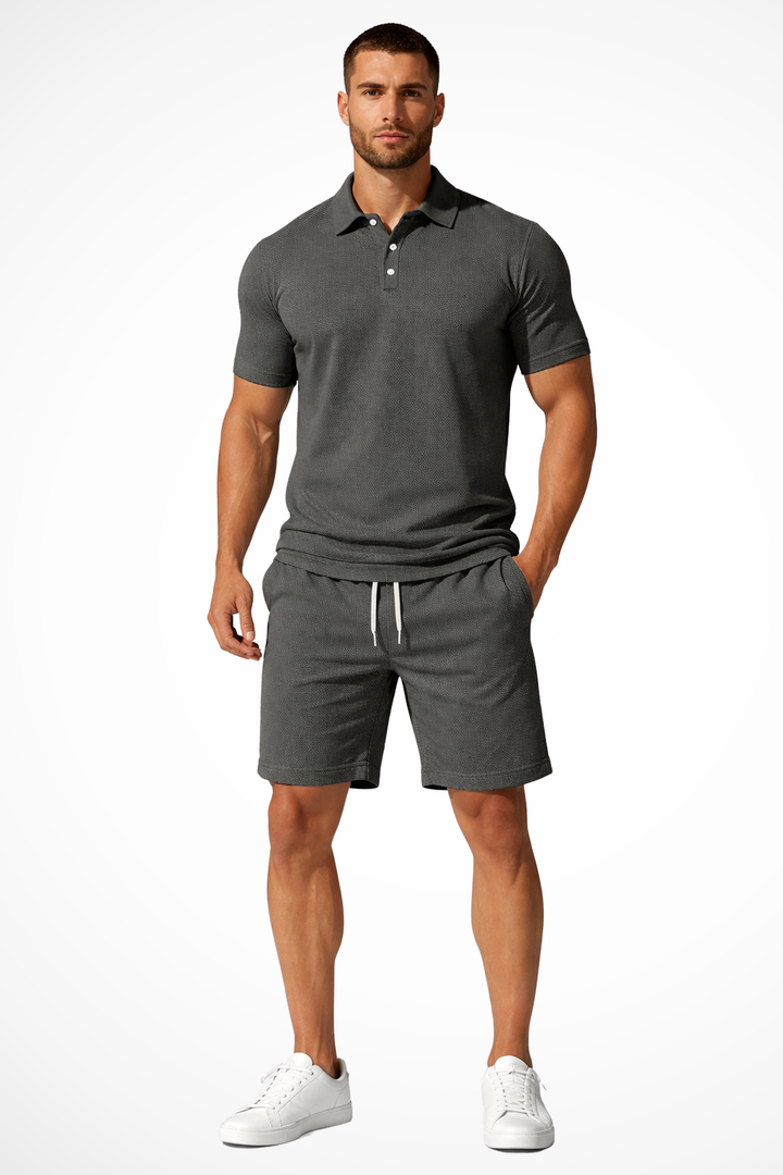Men's short set featuring a textured polo and coordinating shorts, perfect for casual summer outings and comfortable wear. 6