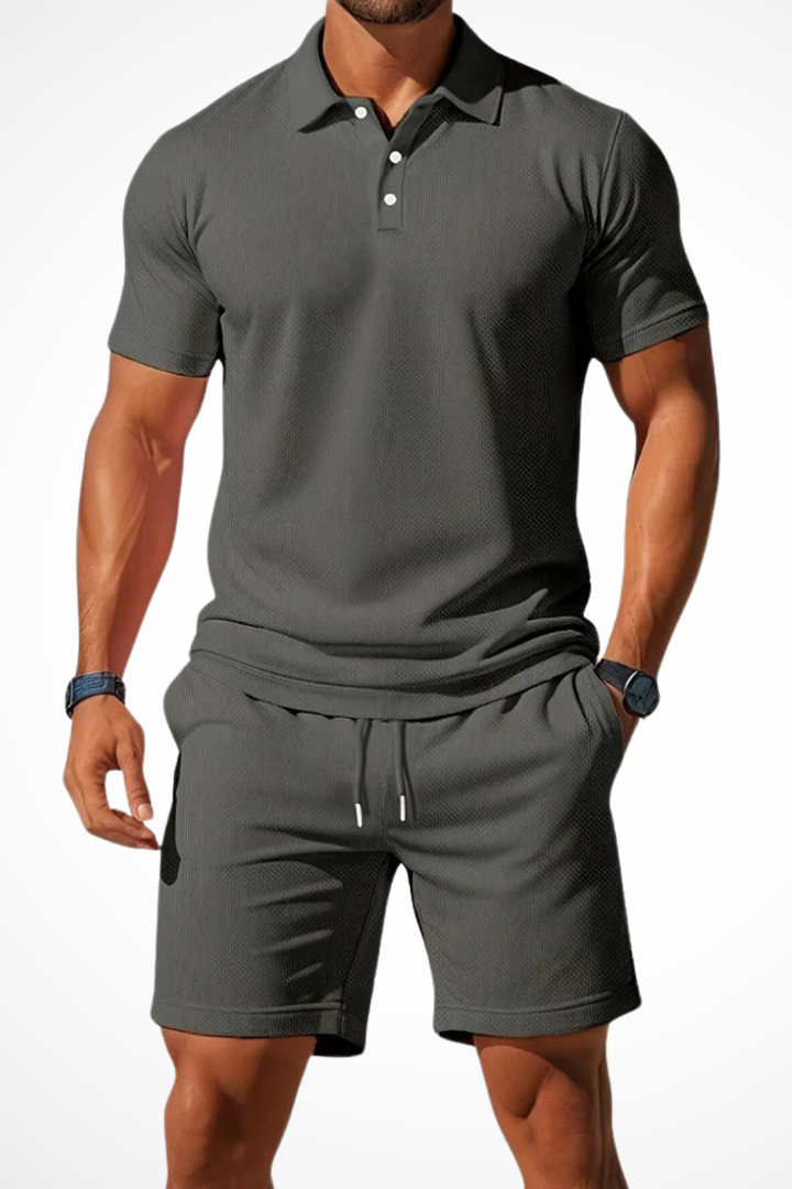 Men's short set featuring a textured polo and coordinating shorts, perfect for casual summer outings and comfortable wear. 7