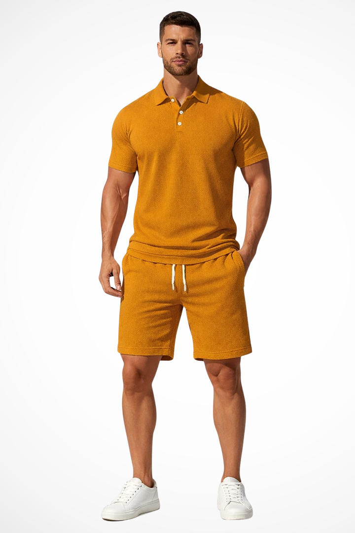 Men's short set featuring a textured polo and coordinating shorts, perfect for casual summer outings and comfortable wear. 8
