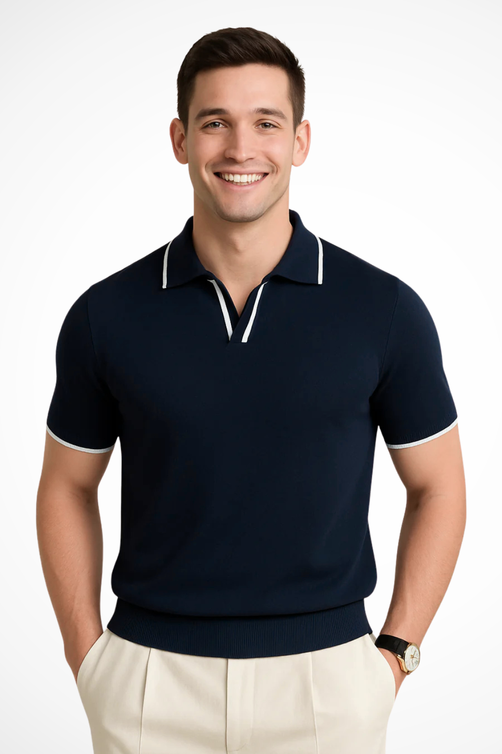 Men's slim fit polo shirt featuring ribbed knit contrast trim and a timeless design, perfect for casual or smart-casual occasions. 0