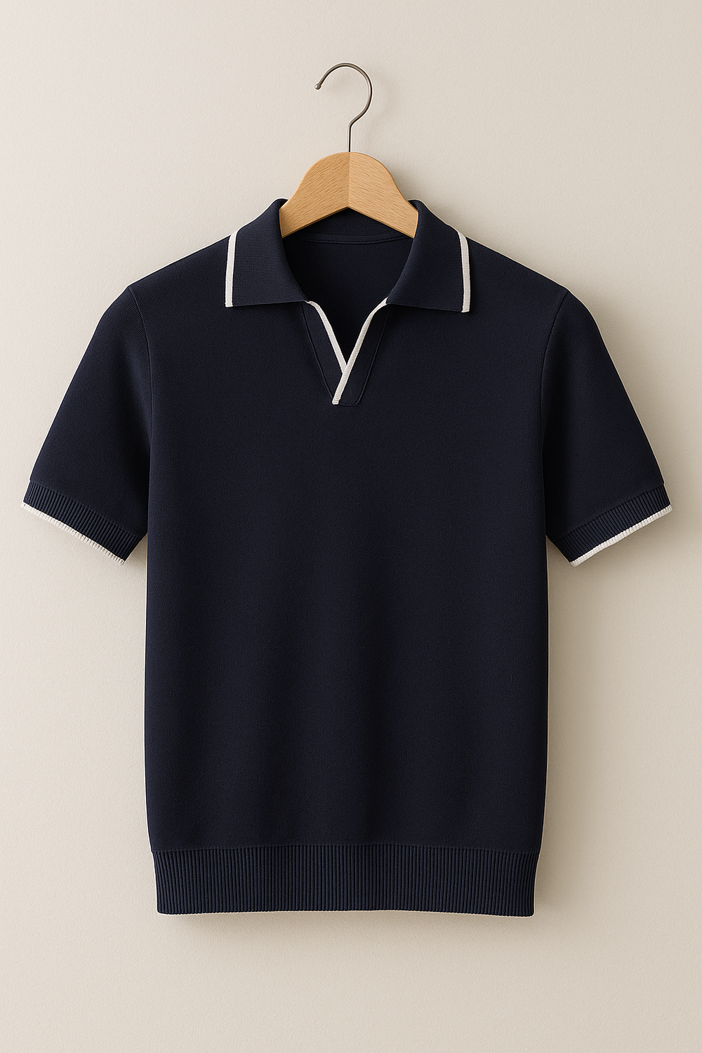 Men's slim fit polo shirt featuring ribbed knit contrast trim and a timeless design, perfect for casual or smart-casual occasions. 1