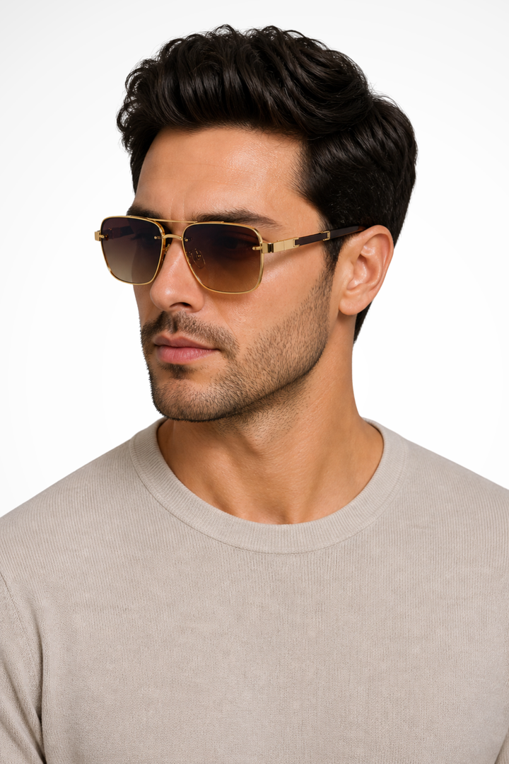 Men's Square Aviator Sunglasses Gold Metal Frame Gradient Lenses