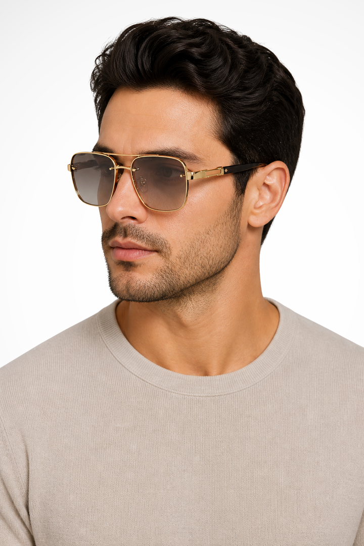 Men's Square Aviator Sunglasses Gold Metal Frame Gradient Lenses