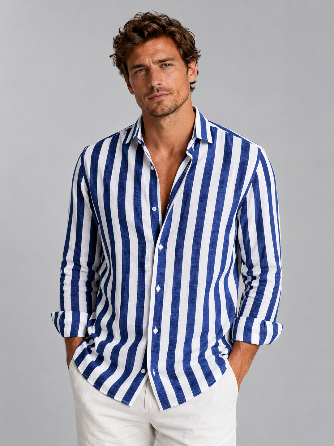 Men's Striped Button-Up Shirt in Lightweight Linen for Summer Casual Outfits