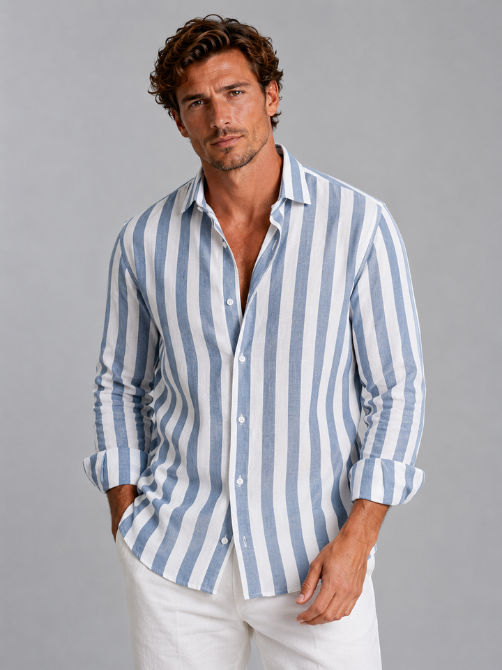 Men's Striped Button-Up Shirt in Lightweight Linen for Summer Casual Outfits