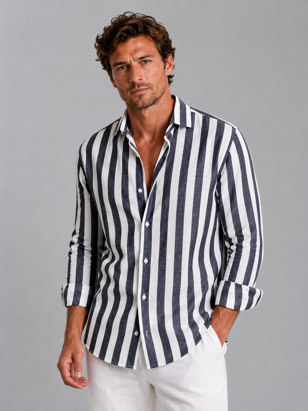 Men's Striped Button-Up Shirt in Lightweight Linen for Summer Casual Outfits