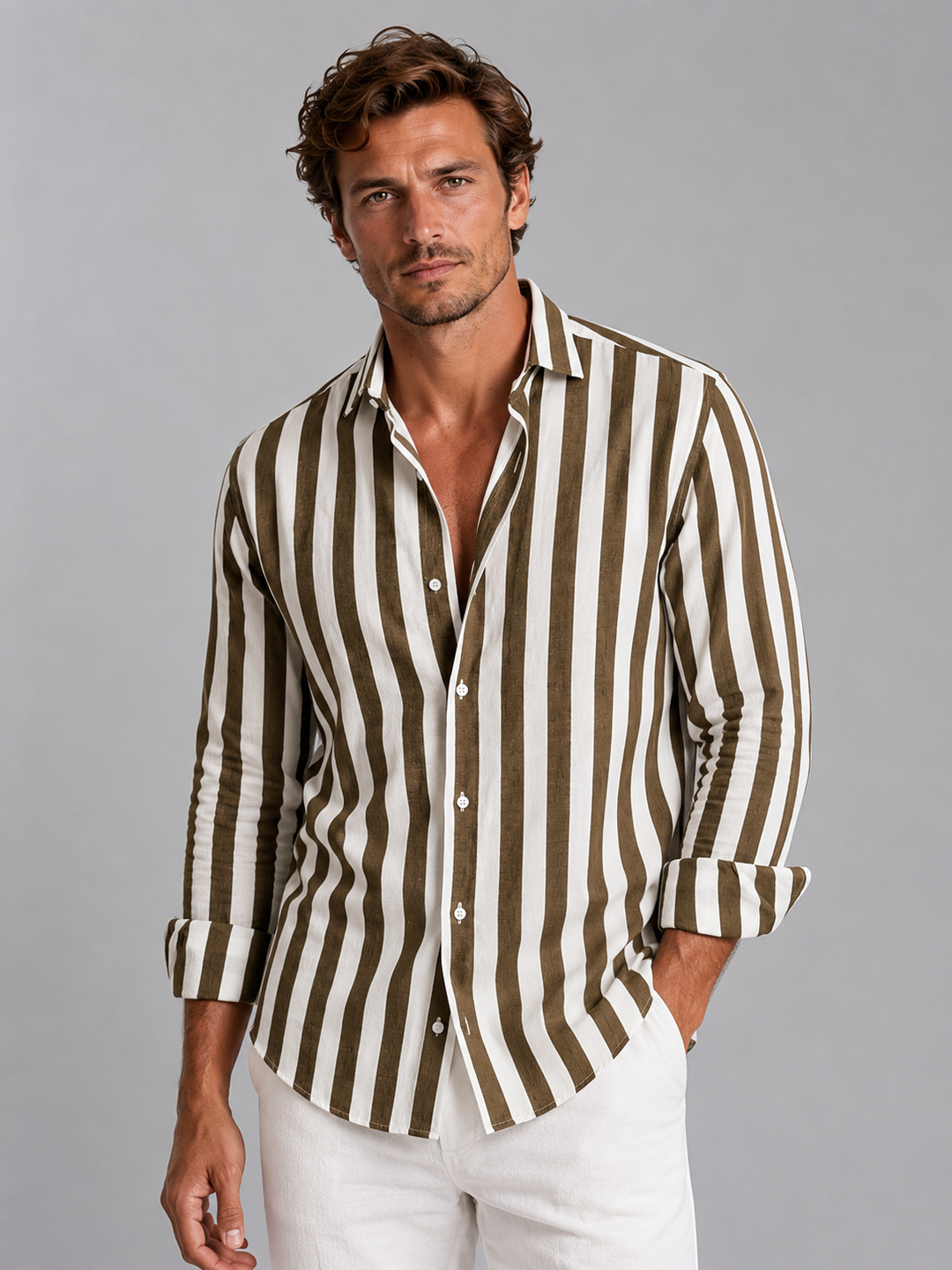 Men's Striped Button-Up Shirt in Lightweight Linen for Summer Casual Outfits