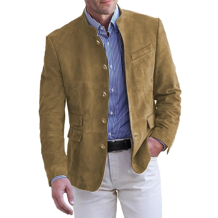 Men's Suede Blazer Jacket Tailored Fit Stand Collar for Smart Casual