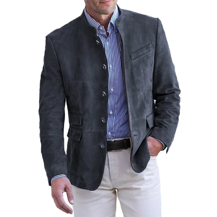 Men's Suede Blazer Jacket Tailored Fit Stand Collar for Smart Casual