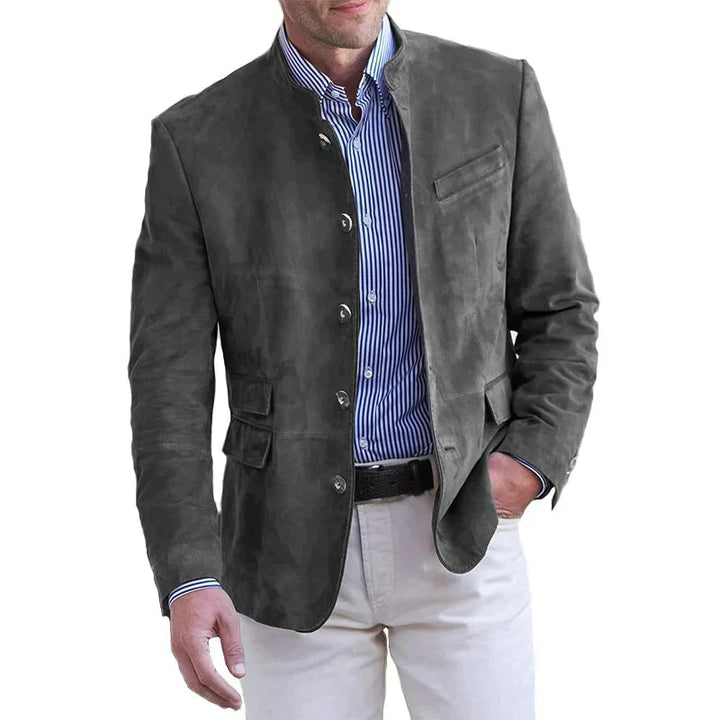 Men's Suede Blazer Jacket Tailored Fit Stand Collar for Smart Casual