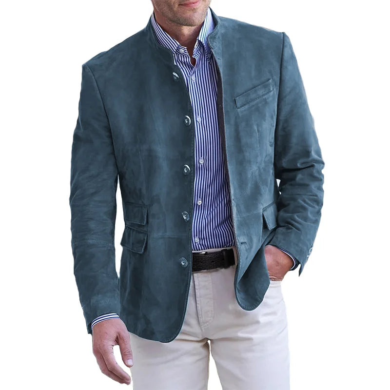 Men's Suede Blazer Jacket Tailored Fit Stand Collar for Smart Casual