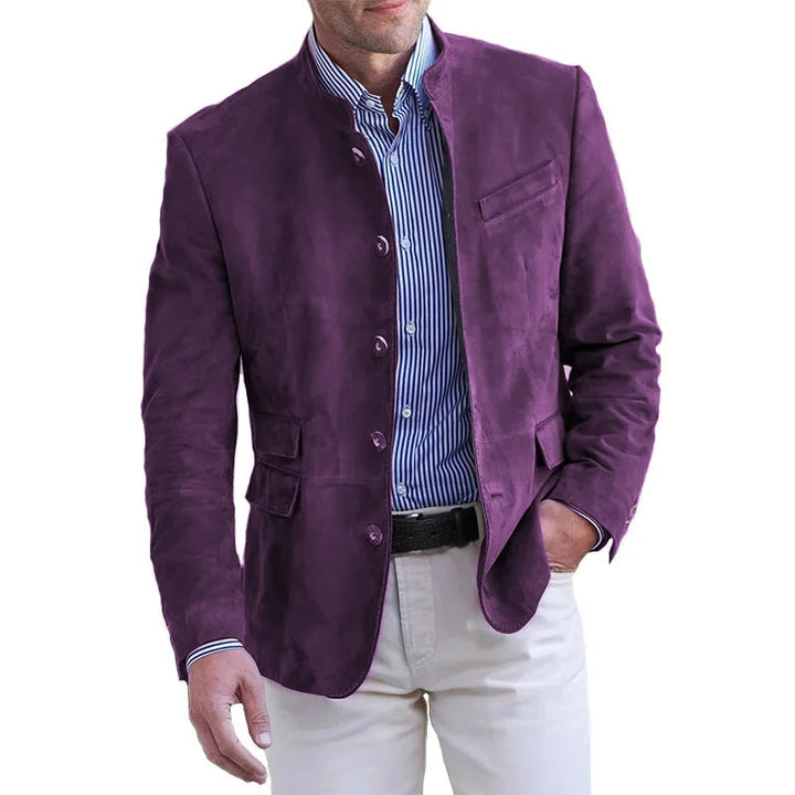 Men's Suede Blazer Jacket Tailored Fit Stand Collar for Smart Casual