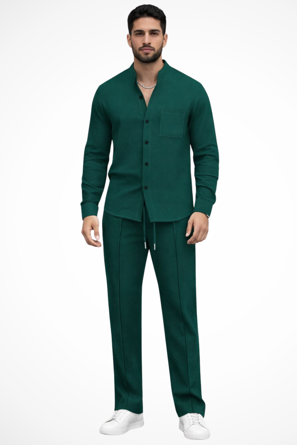 Men's two-piece outfit featuring a textured button shirt and matching trousers, perfect for casual occasions and stylish comfort. 0