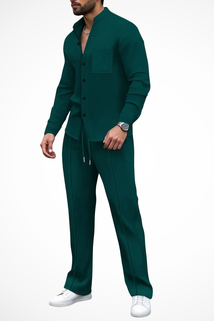 Men's two-piece outfit featuring a textured button shirt and matching trousers, perfect for casual occasions and stylish comfort. 1