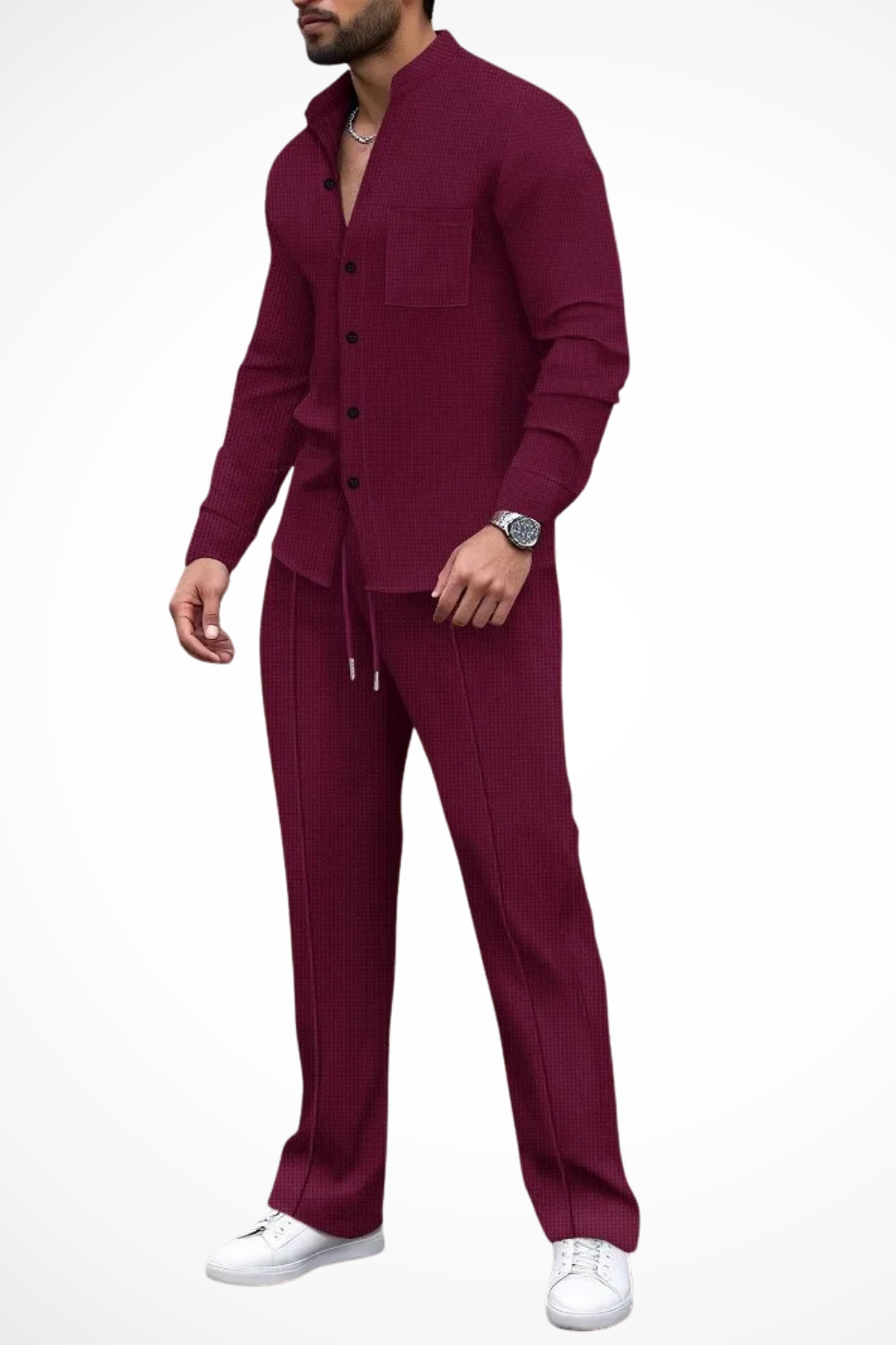 Men's two-piece outfit featuring a textured button shirt and matching trousers, perfect for casual occasions and stylish comfort. 3