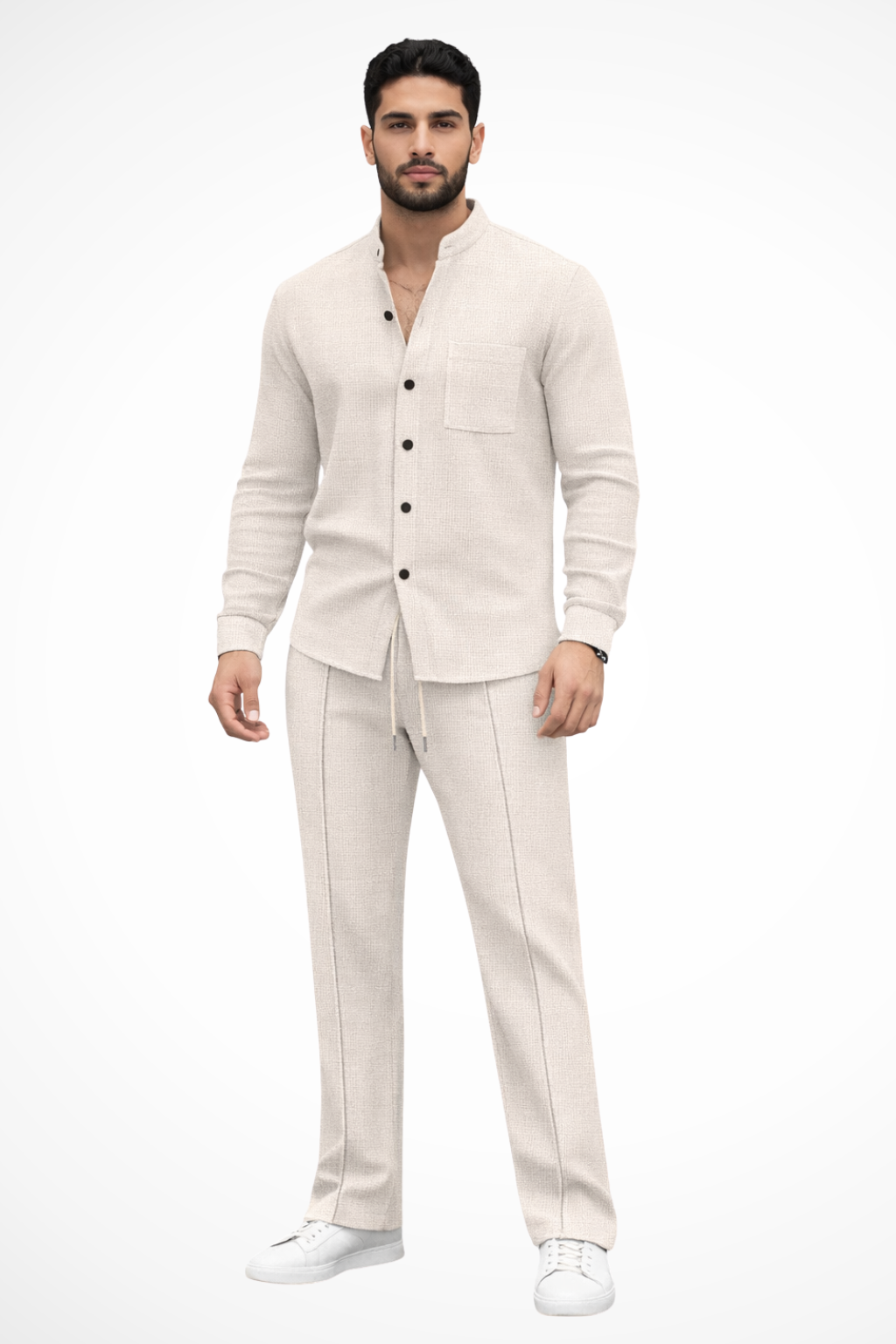 Men's two-piece outfit featuring a textured button shirt and matching trousers, perfect for casual occasions and stylish comfort. 4