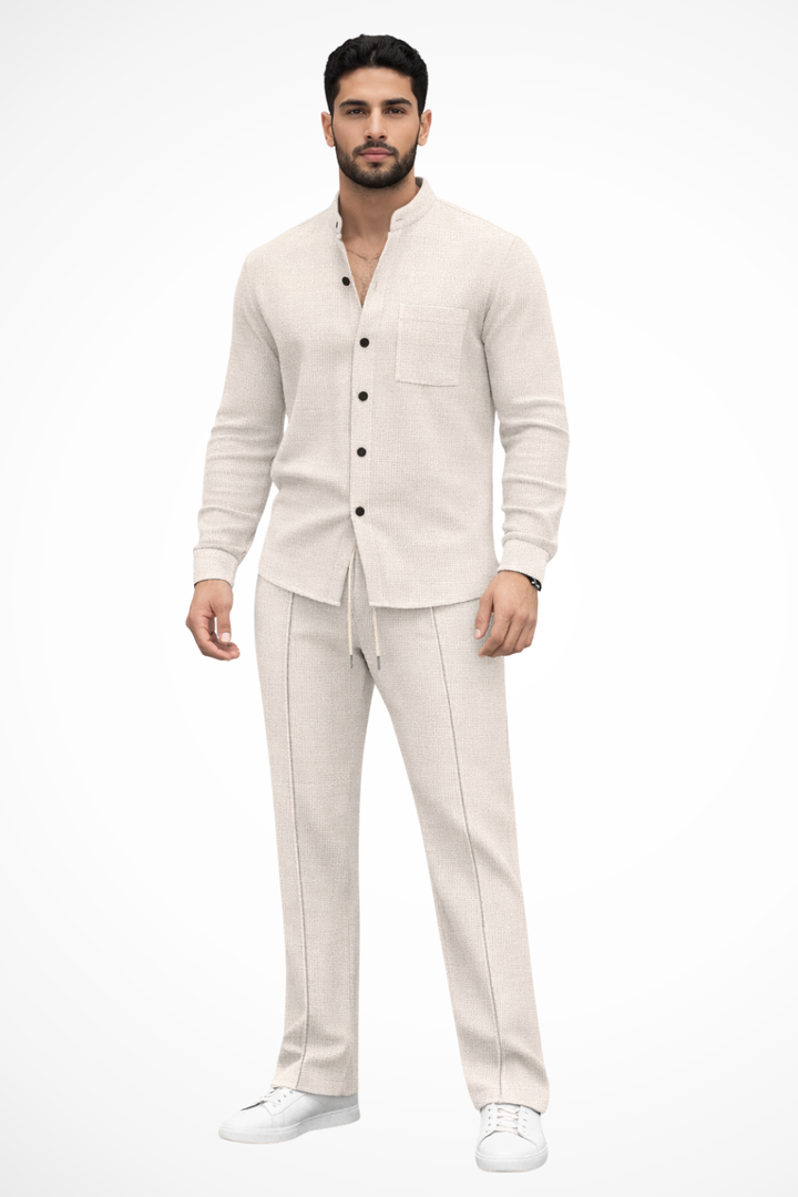 Men's two-piece outfit featuring a textured button shirt and matching trousers, perfect for casual occasions and stylish comfort. 4