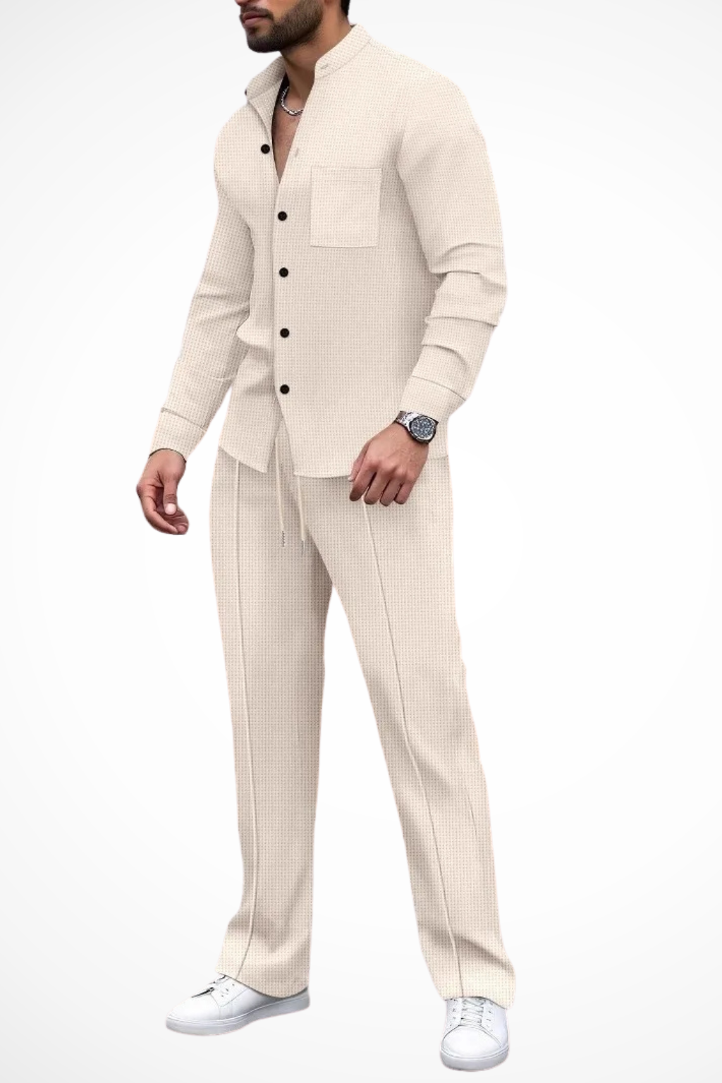 Men's two-piece outfit featuring a textured button shirt and matching trousers, perfect for casual occasions and stylish comfort. 5