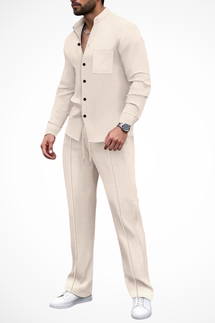 Men's two-piece outfit featuring a textured button shirt and matching trousers, perfect for casual occasions and stylish comfort. 5