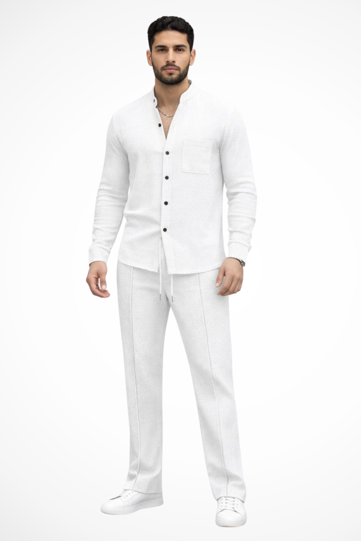 Men's two-piece outfit featuring a textured button shirt and matching trousers, perfect for casual occasions and stylish comfort. 6