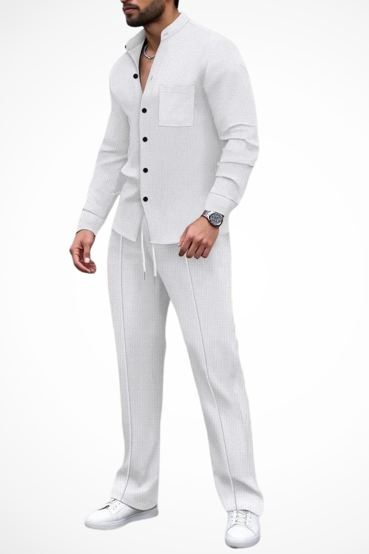 Men's two-piece outfit featuring a textured button shirt and matching trousers, perfect for casual occasions and stylish comfort. 7