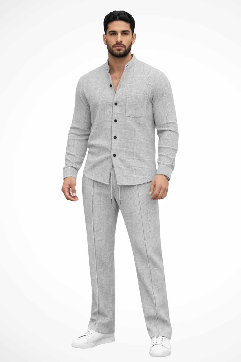 Men's two-piece outfit featuring a textured button shirt and matching trousers, perfect for casual occasions and stylish comfort. 8