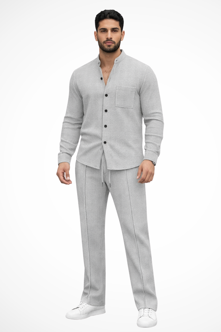 Men's two-piece outfit featuring a textured button shirt and matching trousers, perfect for casual occasions and stylish comfort. 8