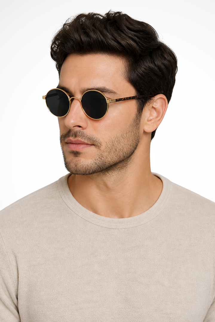 Men's Vintage Round Sunglasses Gold Metal Frame UV400 Protection