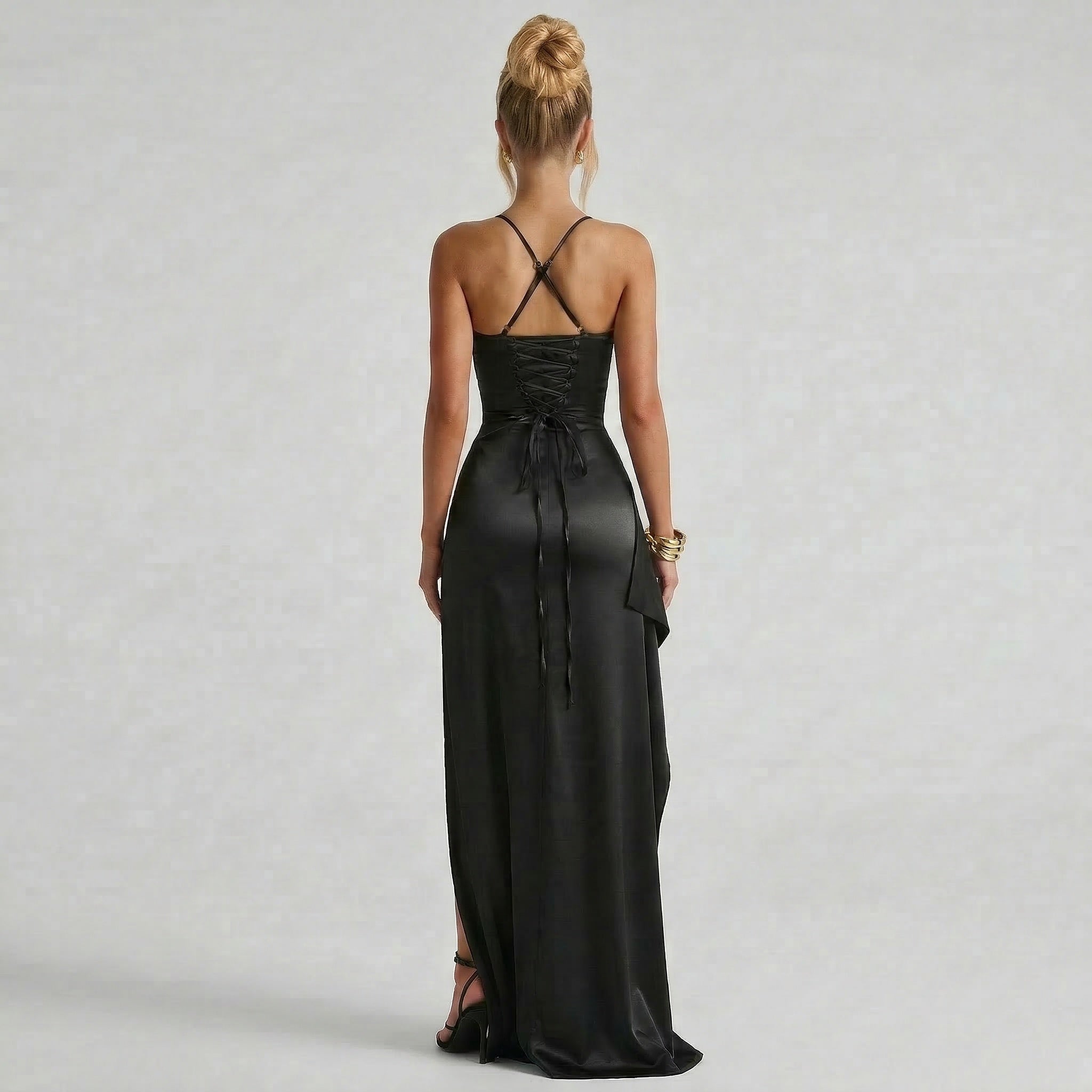 Women's Black Satin Maxi Dress Cowl Neck Lace-Up Back Split