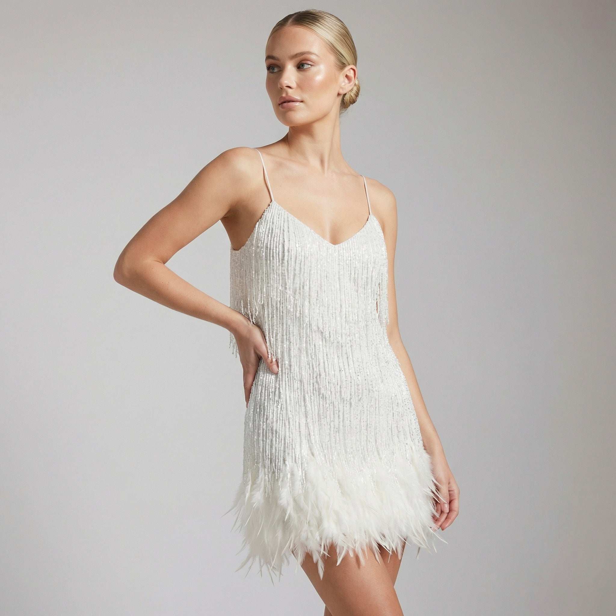 Women's Fringed Feather Mini Dress - Spaghetti Strap Party Evening
