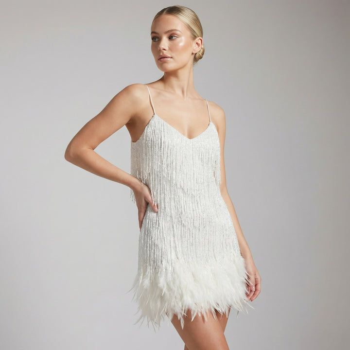 Women's Fringed Feather Mini Dress - Spaghetti Strap Party Evening