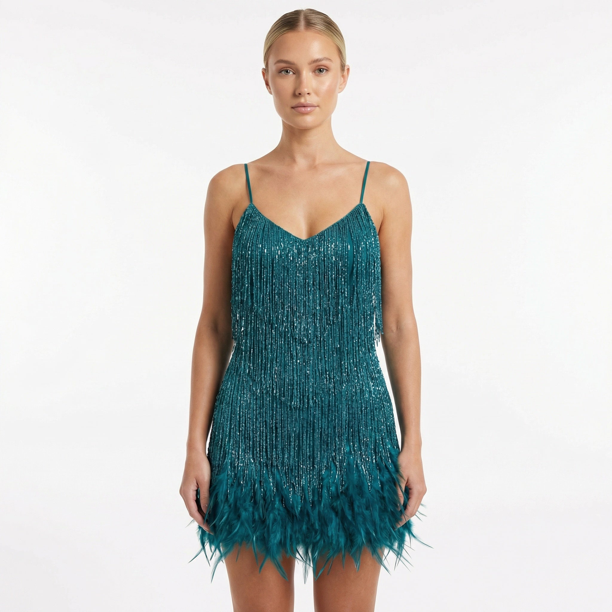 Women's Fringed Feather Mini Dress - Spaghetti Strap Party Evening