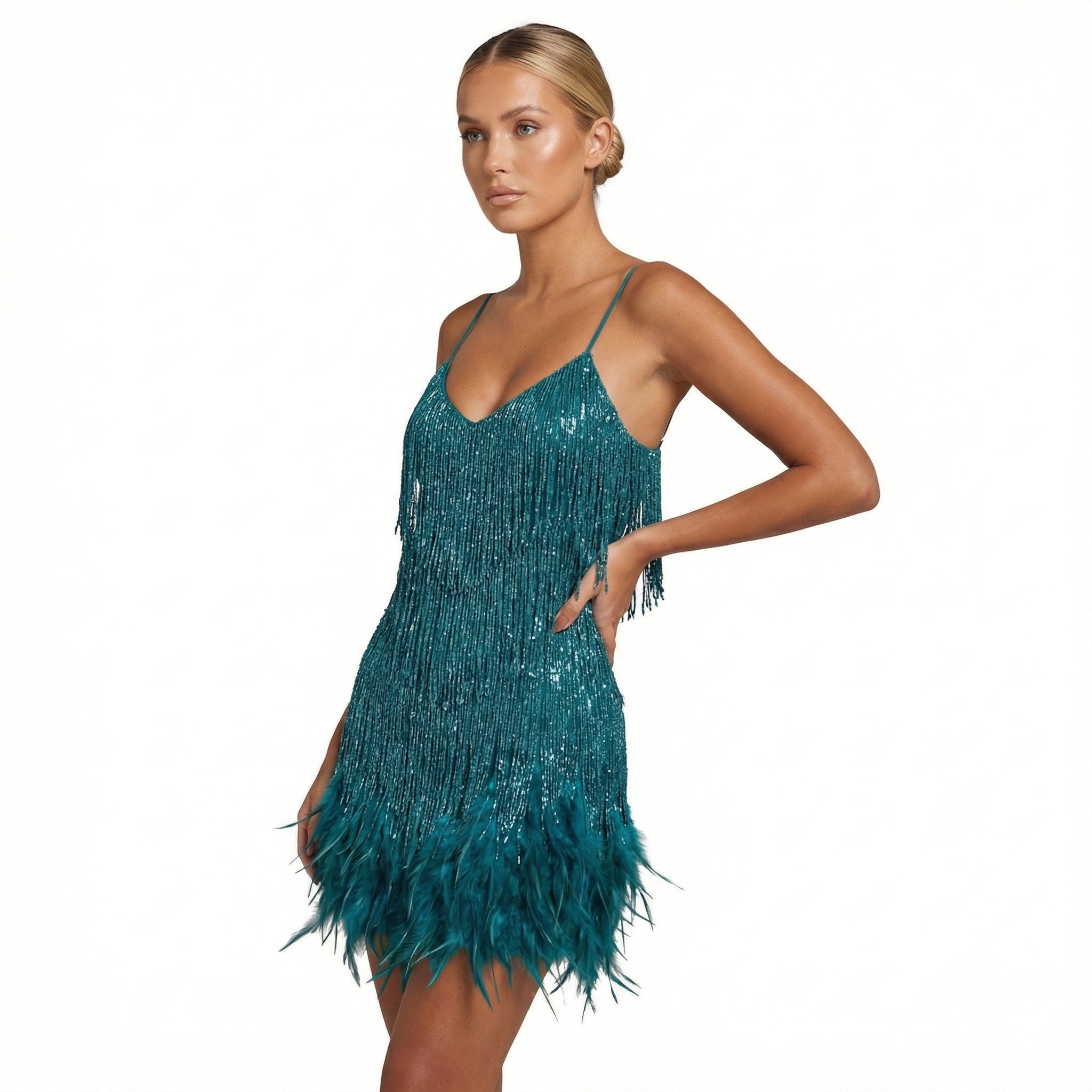 Women's Fringed Feather Mini Dress - Spaghetti Strap Party Evening