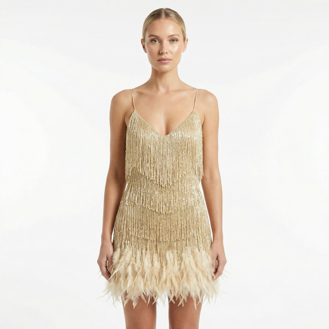Women's Fringed Feather Mini Dress - Spaghetti Strap Party Evening