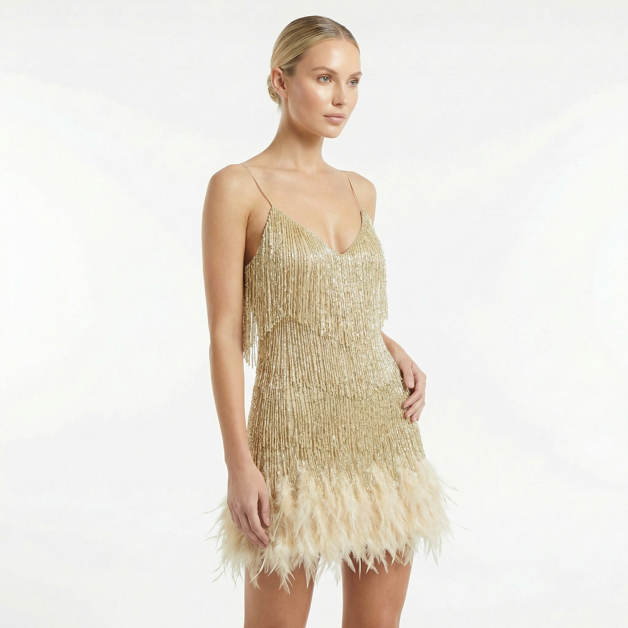 Women's Fringed Feather Mini Dress - Spaghetti Strap Party Evening