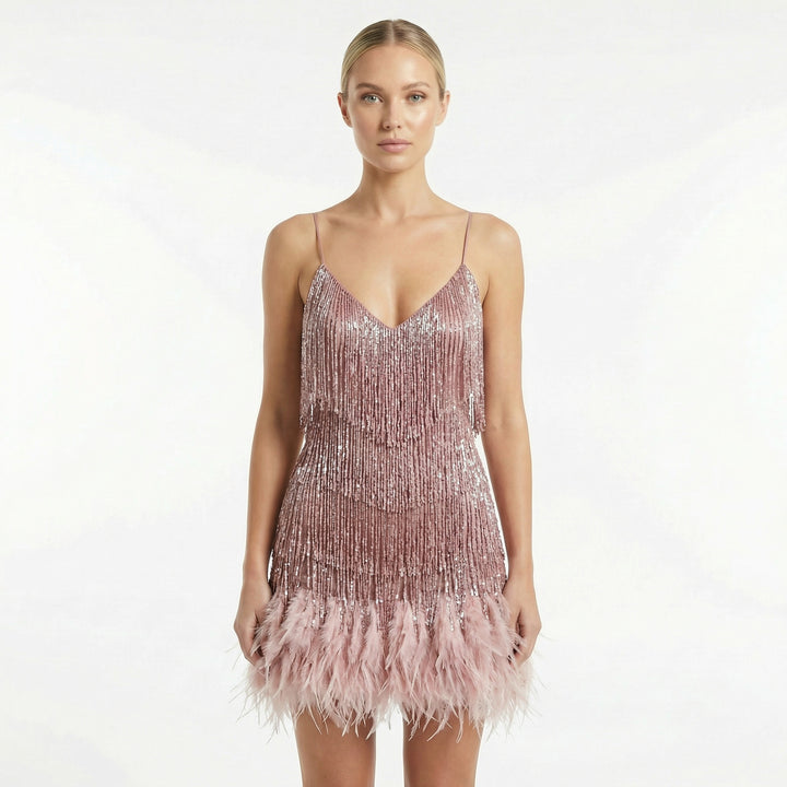 Women's Fringed Feather Mini Dress - Spaghetti Strap Party Evening