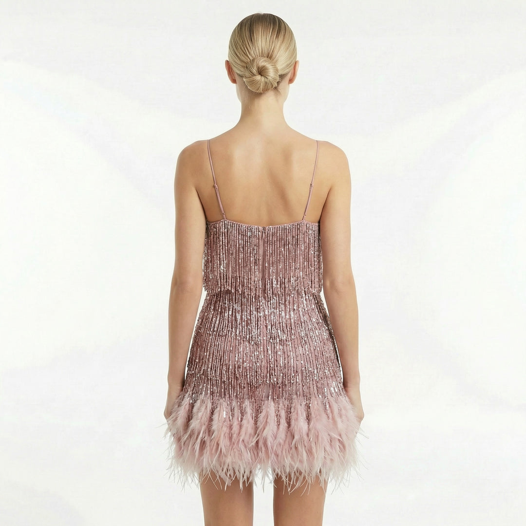 Women's Fringed Feather Mini Dress - Spaghetti Strap Party Evening